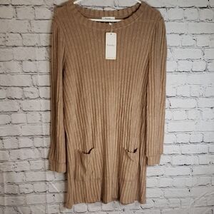 Women's Long Sleeve Ribbed Dress - Tan